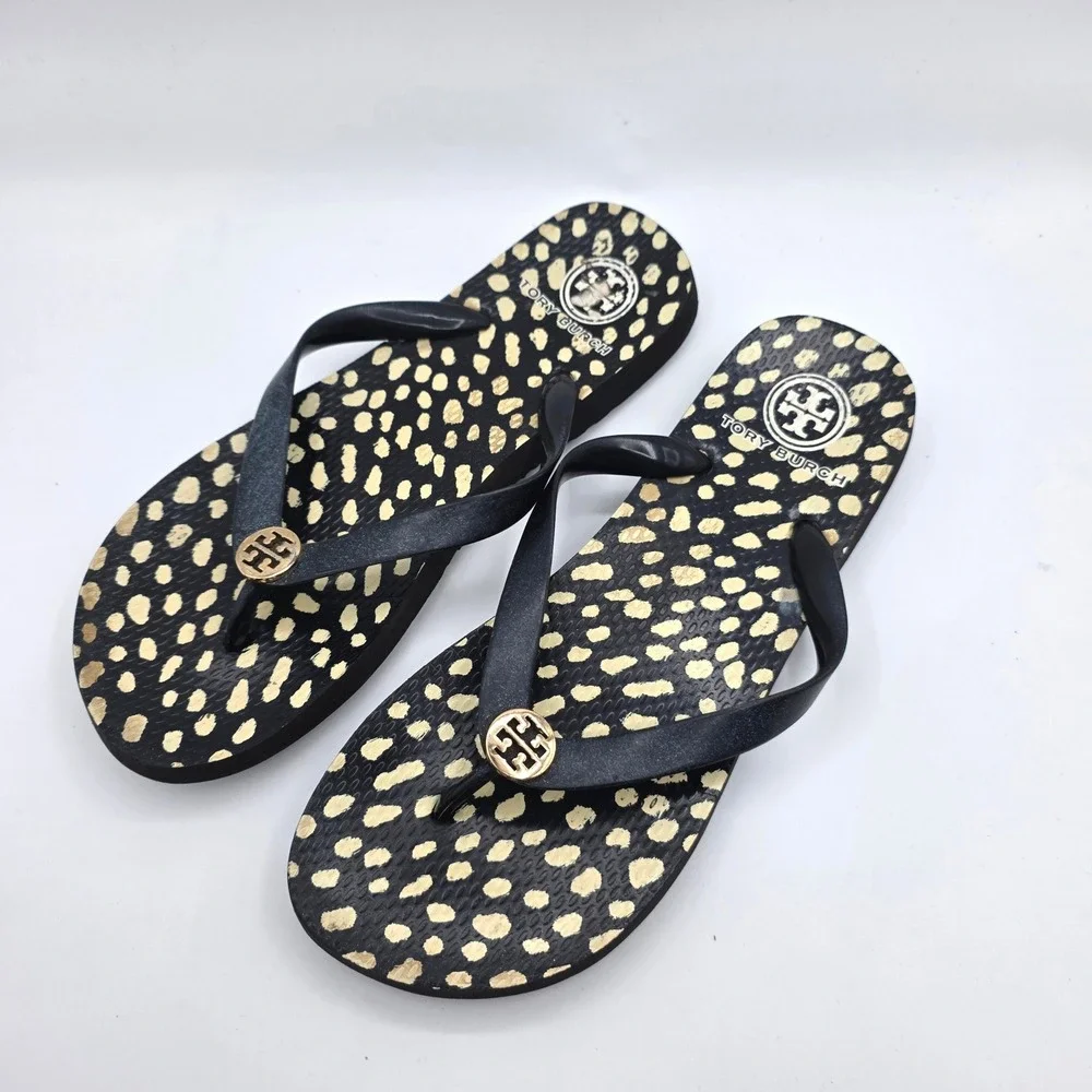 Tory Burch Classic Printed Thin Flip Flop Spotted Gold Logo Sandal Black Size 11